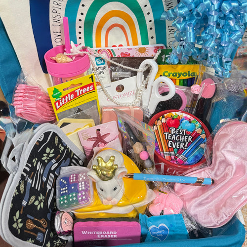 Sample assortment of gift items with blue ribbon for Double Dazzle